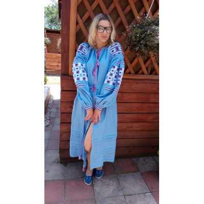 Boho Style Ukrainian Embroidered Maxi Narrow Dress Light Blue with White/Brown Embroidery